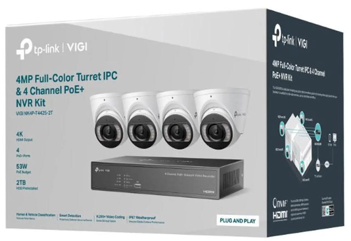 TP-Link VIGI NK4P-T4425-2T 4 x 4MP Full-Color Turret IPC  & 4 Channel PoE+ NVR KIT with 2TB HDD