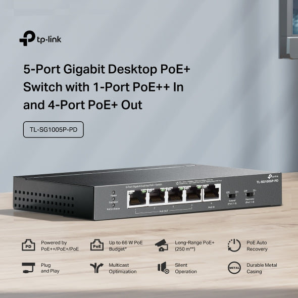 TP-Link5-Port Gigabit Desktop PoE+ Switch with 1-Port PoE++ In and 4-Port PoE+Out - TL-SG1005P-PD